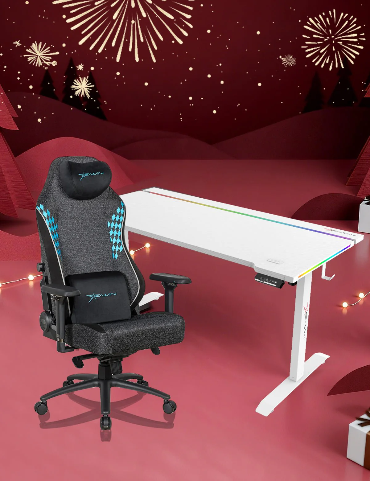 E-WIN Bravon Blue White Sit-to-Stand RGB Gaming Desk & Chair Bundle - Image 14