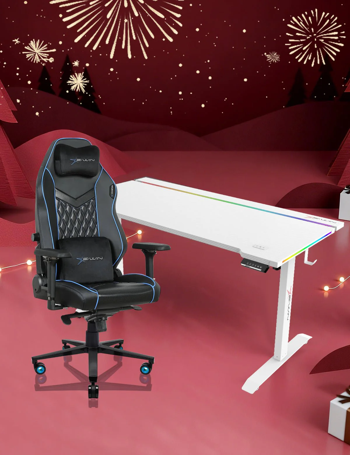 E-WIN Bravon Blue White Sit-to-Stand RGB Gaming Desk & Chair Bundle - Image 4