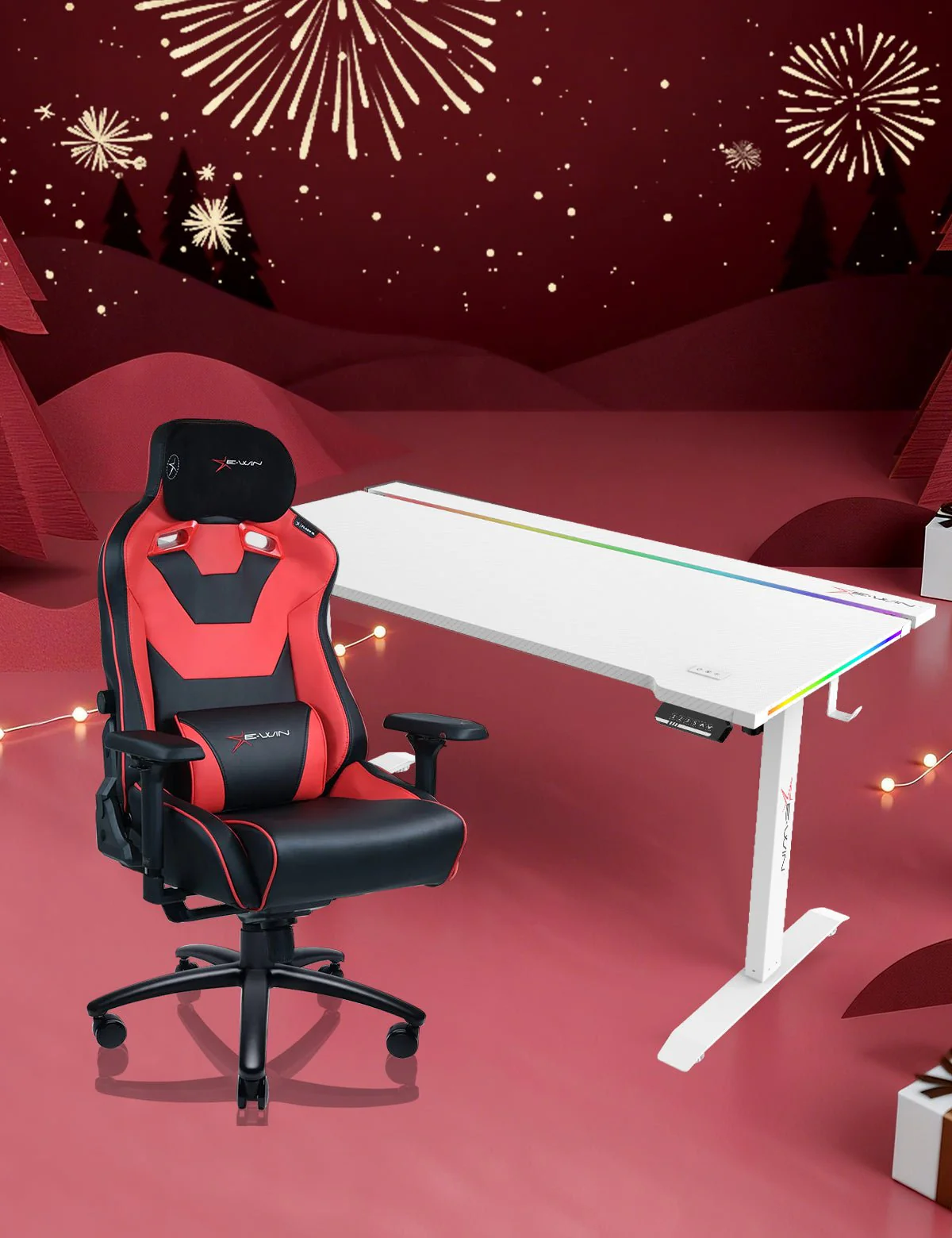 E-WIN Bravon Red White Sit-to-Stand RGB Gaming Desk & Chair Bundle - Image 3