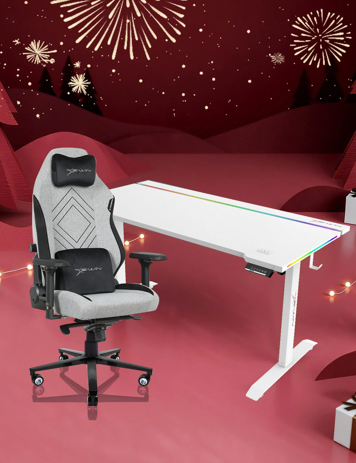 E-WIN Bravon White Sit-to-Stand RGB Gaming Desk & Chair Bundle - Image 4