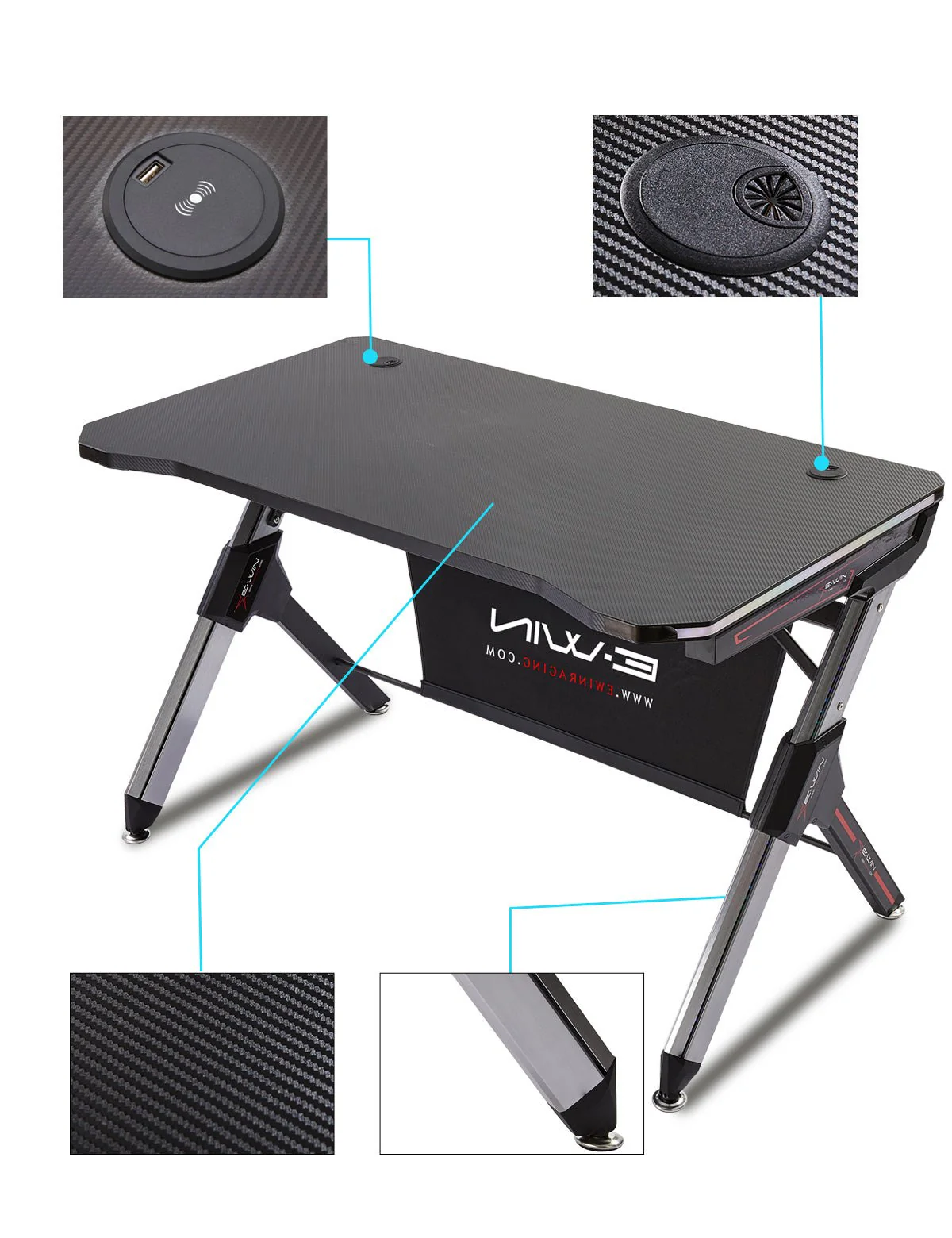 E-WIN Lux Luminis RGB Gaming Desk with Wireless Charging - Image 5